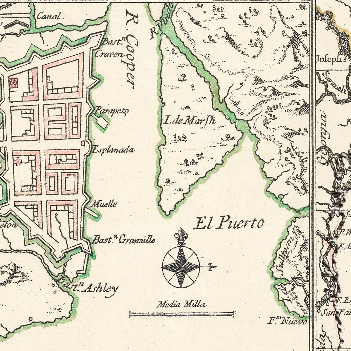 Restored historic details from the 1753 city map of Charleston, South Carolina