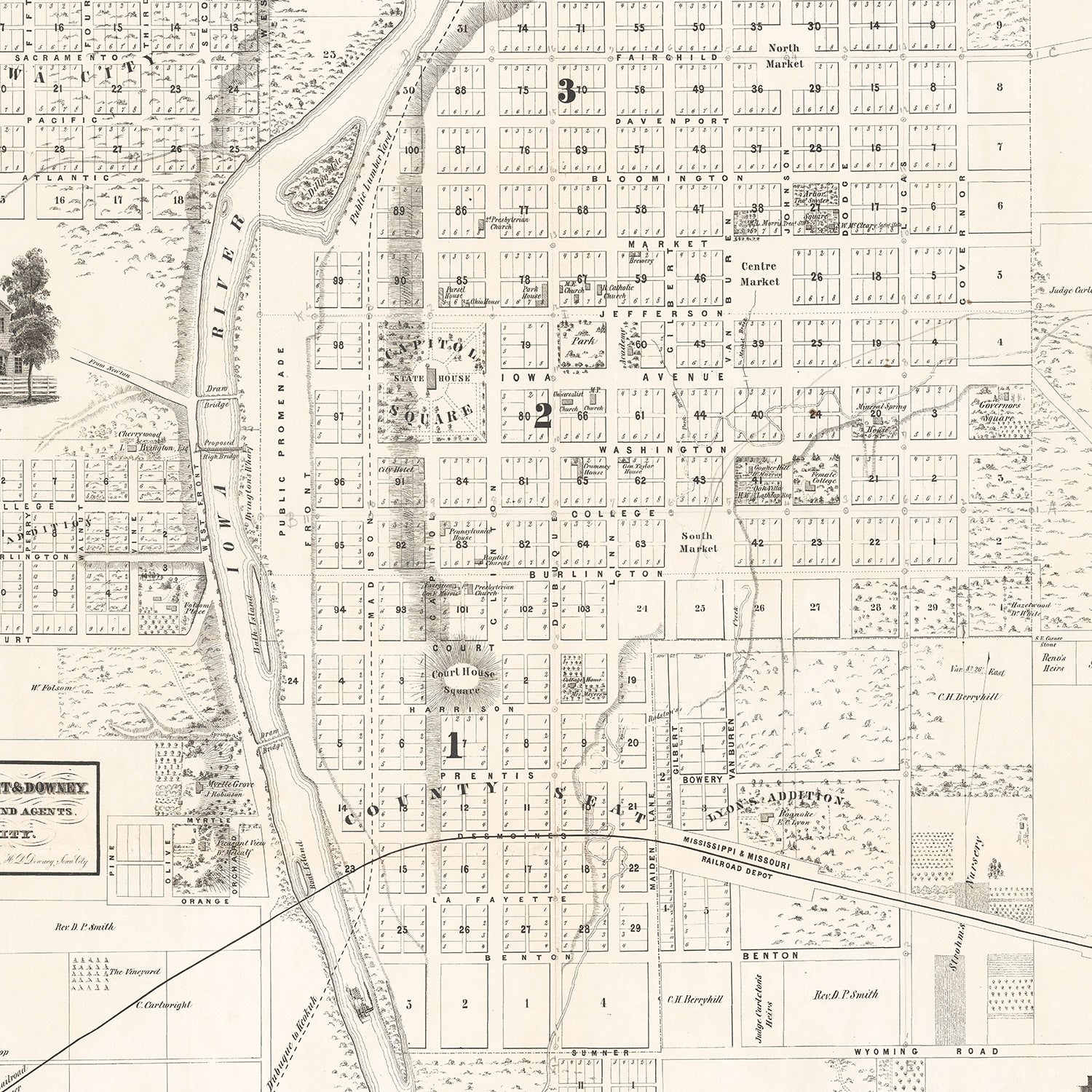 Restored historic details from the 1854 city map of Iowa City, Iowa