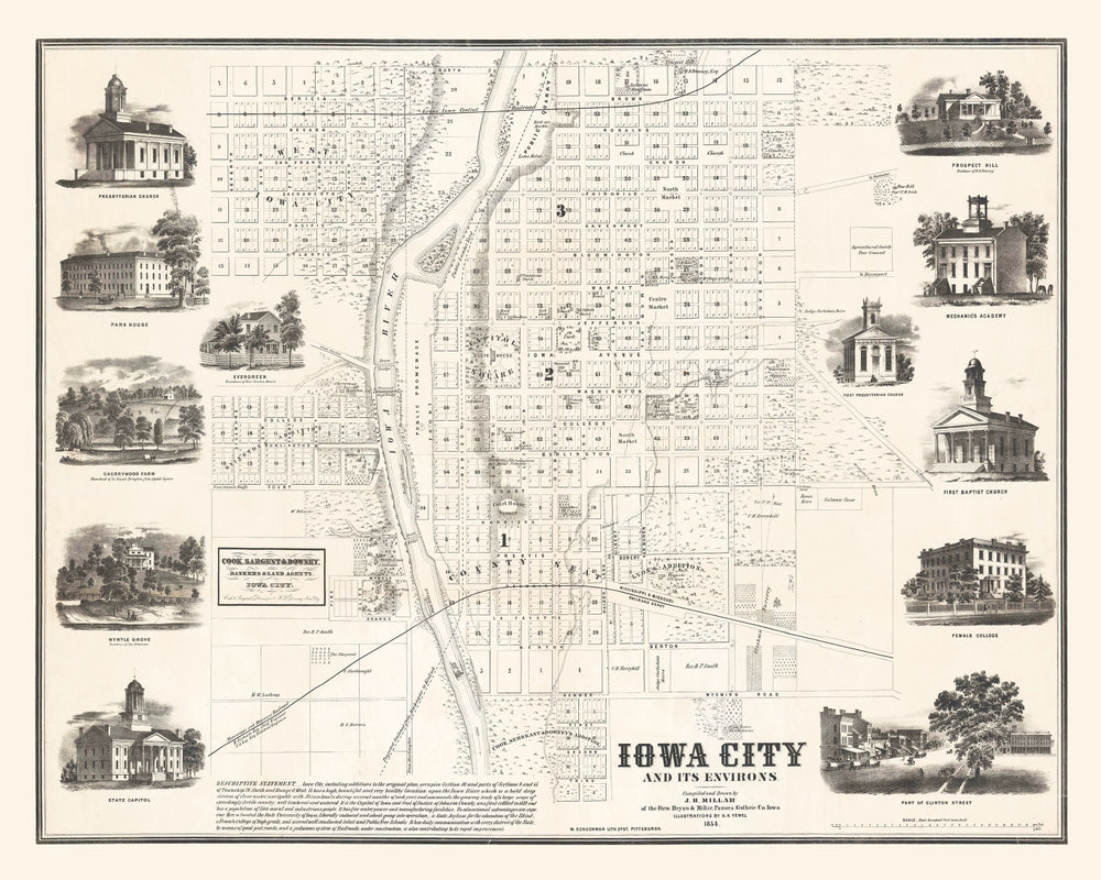 Vintage Map of Iowa City, Iowa 1854 print style example