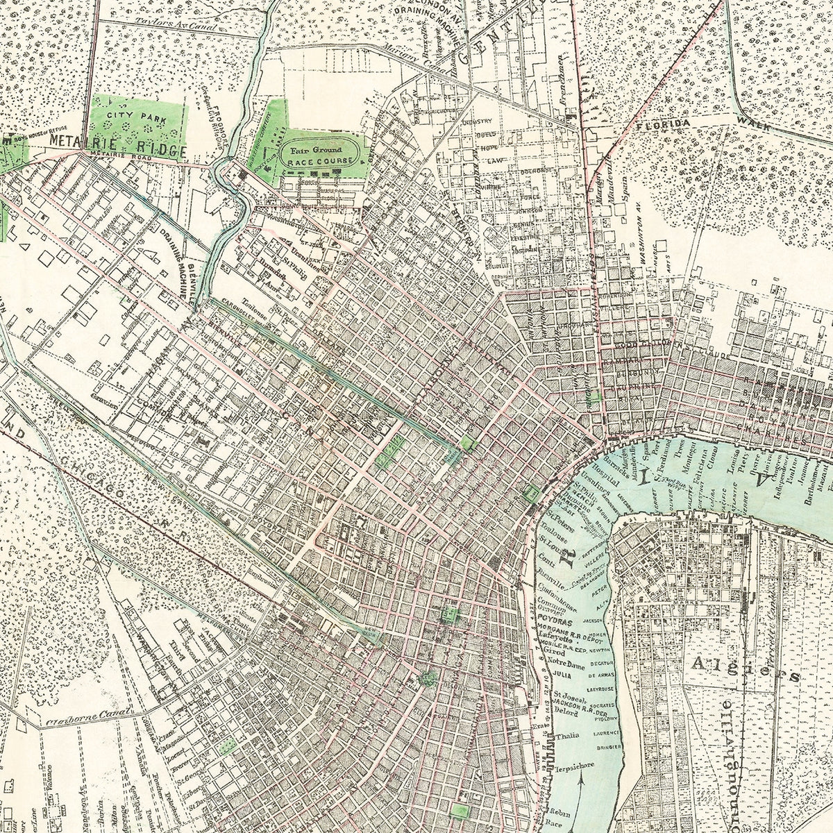Restored historic details from the 1878 city map of New Orleans, Louisiana