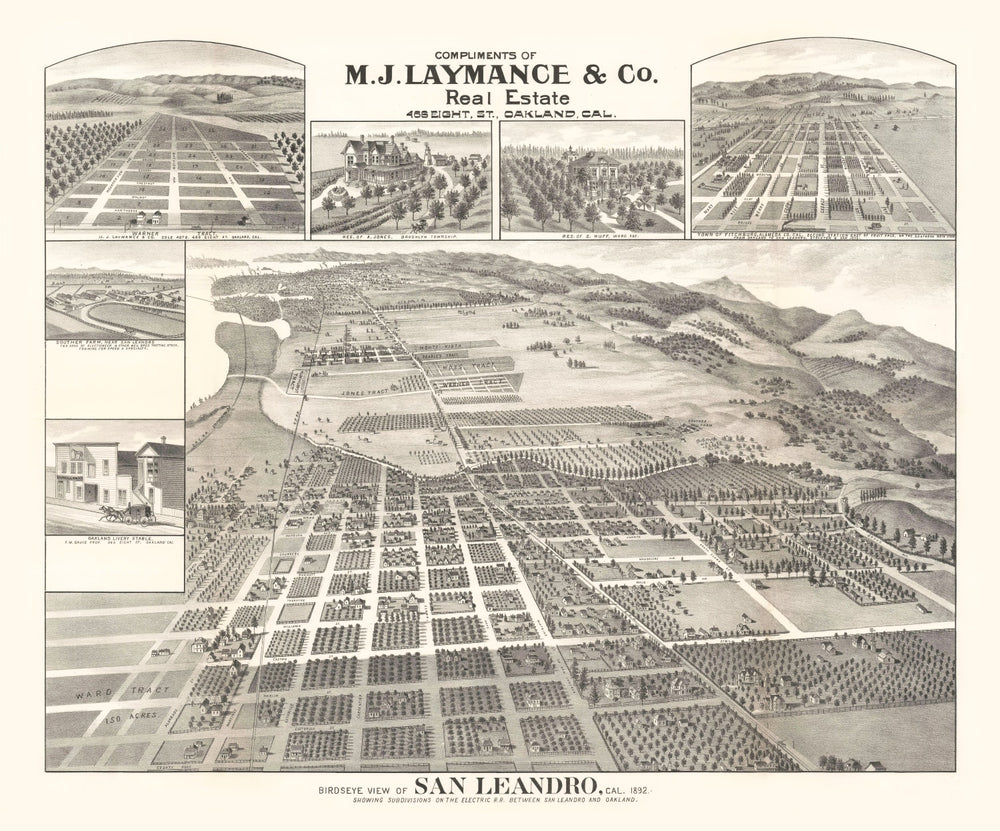 Vintage Map of San Leandro, California 1892 print style example