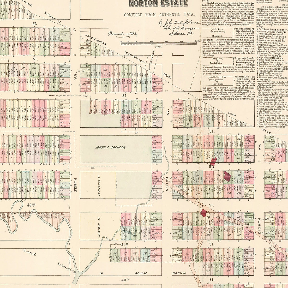 Restored historic details from the 1872 city map of Hell's Kitchen Manhattan, New York