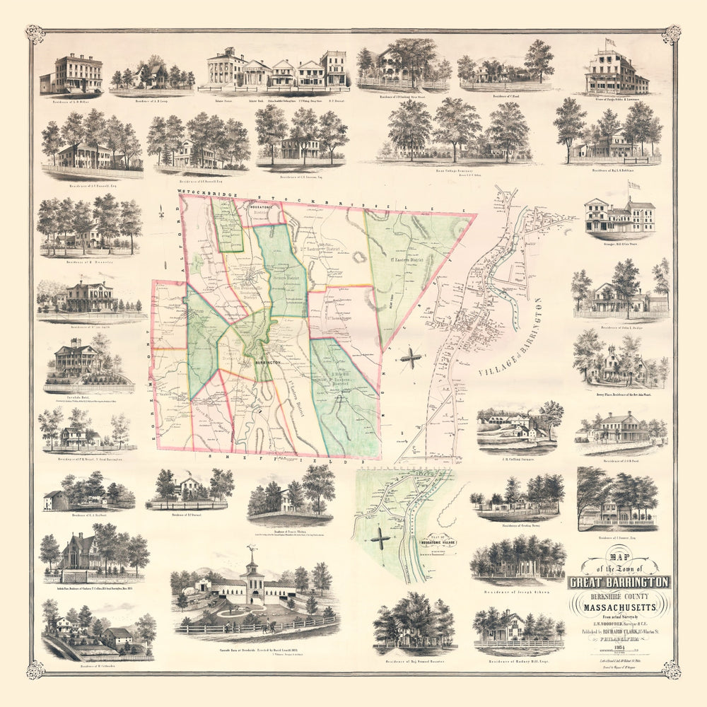 Vintage Map of Great Barrington, Massachusetts 1854 print style example