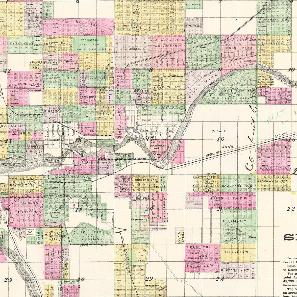 Restored historic details from the 1890 city map of Spokane Falls, Washington