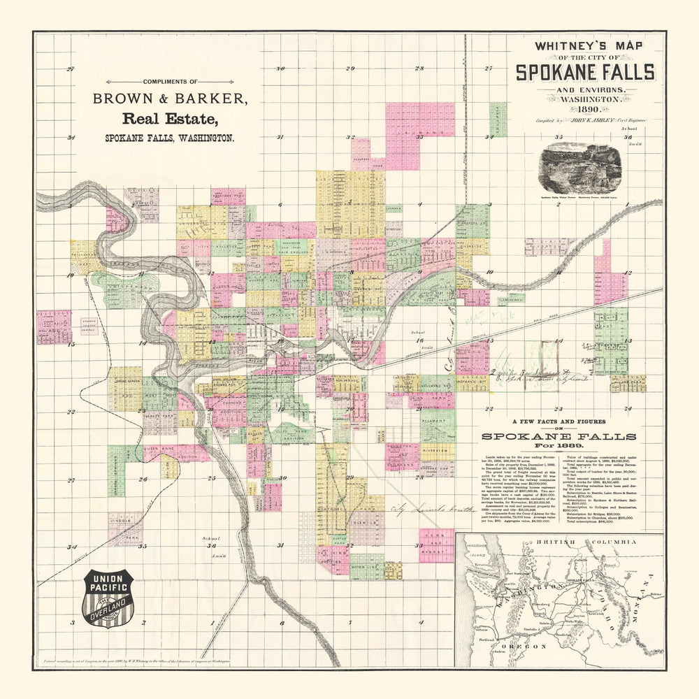 Vintage Map of Spokane Falls, Washington 1890 print style example