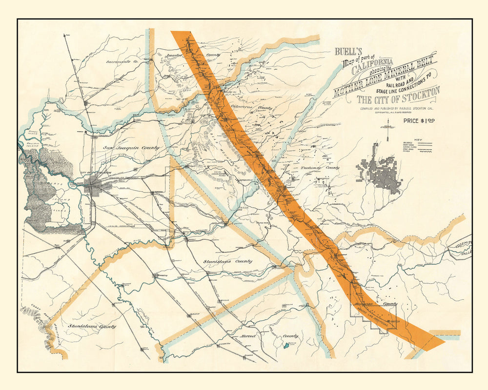 Vintage Map of Mother Lode Mineral Belt, 1898 print style example