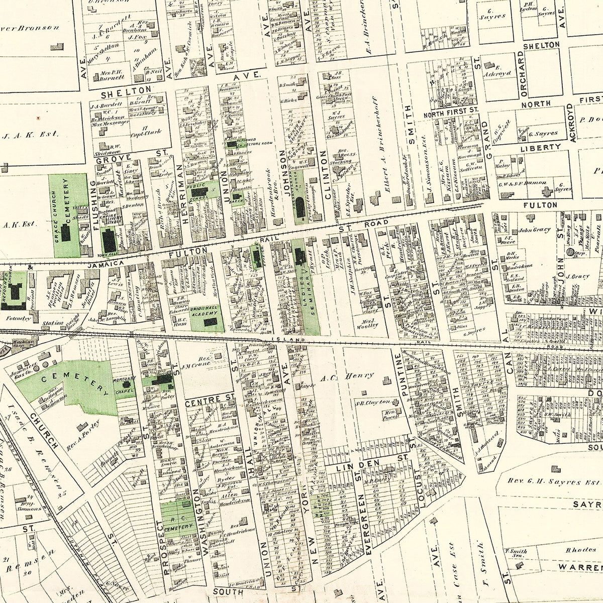 Restored historic details from the 1873 city map of Jamaica Queens, New York