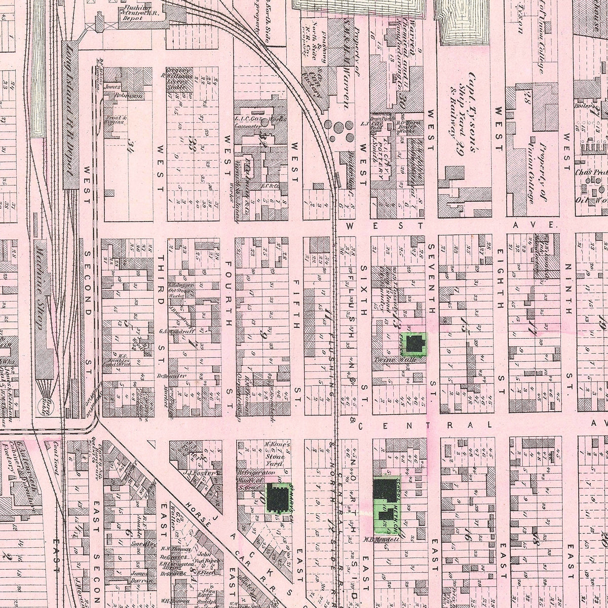 Restored historic details from the 1873 city map of Hunters Point Long Island, New York