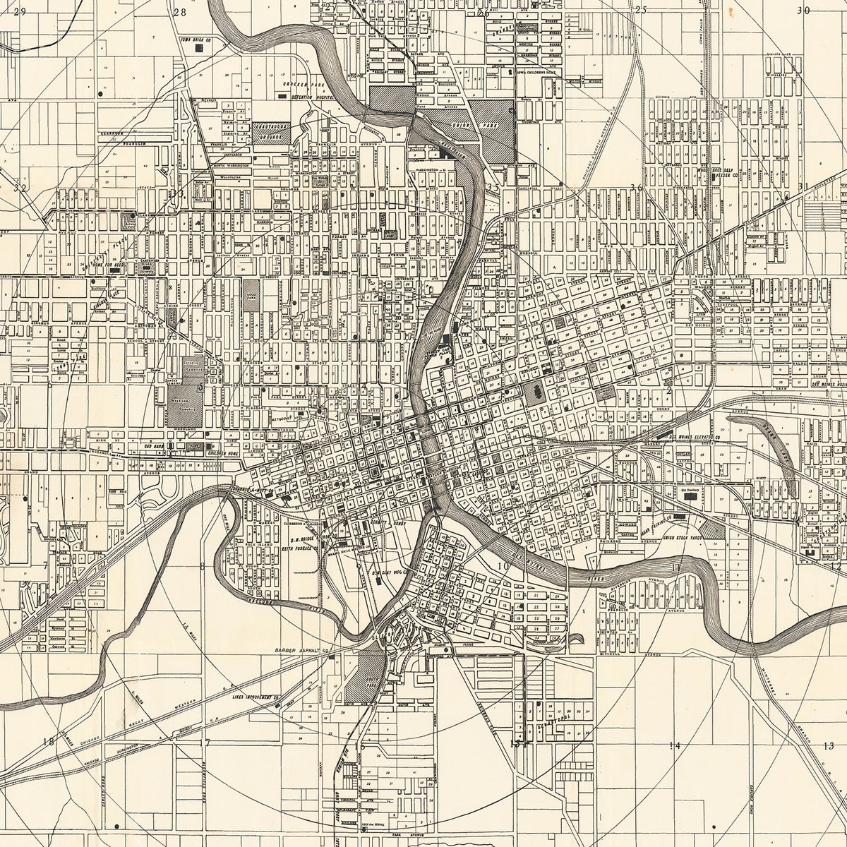 Restored historic details from the 1906 city map of Des Moines, Iowa