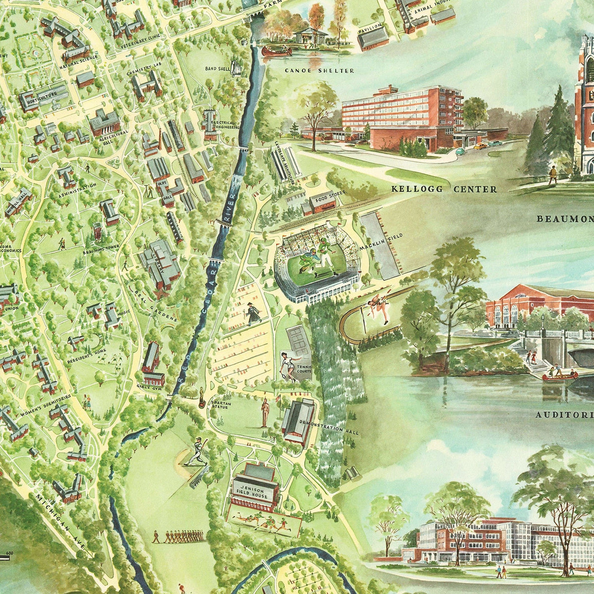 Restored historic details from the 1955 university map of East Lansing, Michigan