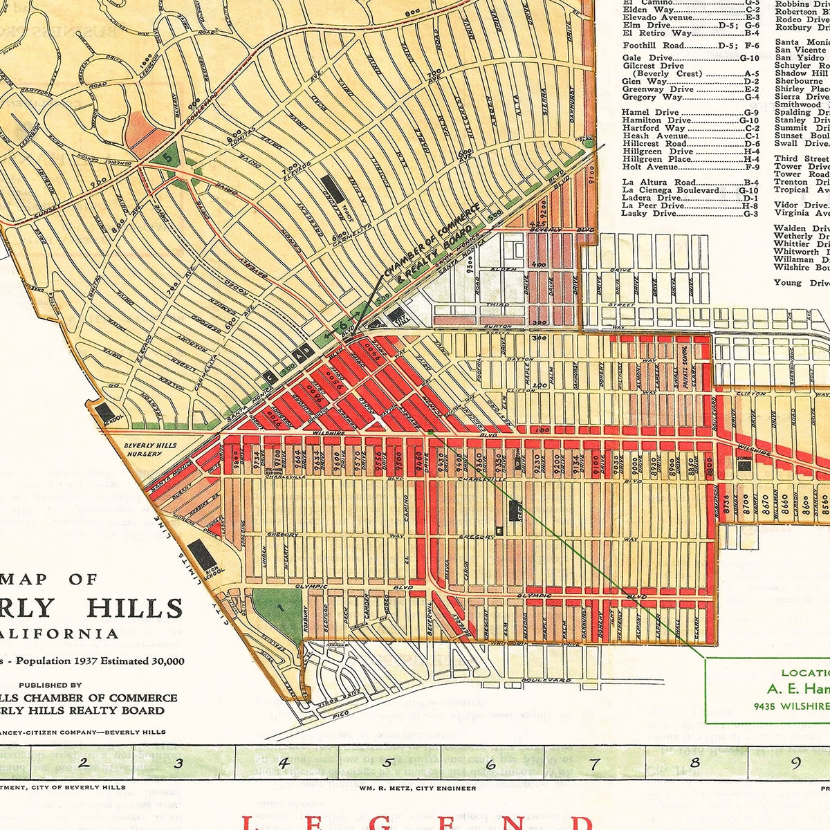 Restored historic details from the 1937 city map of Beverly Hills, California