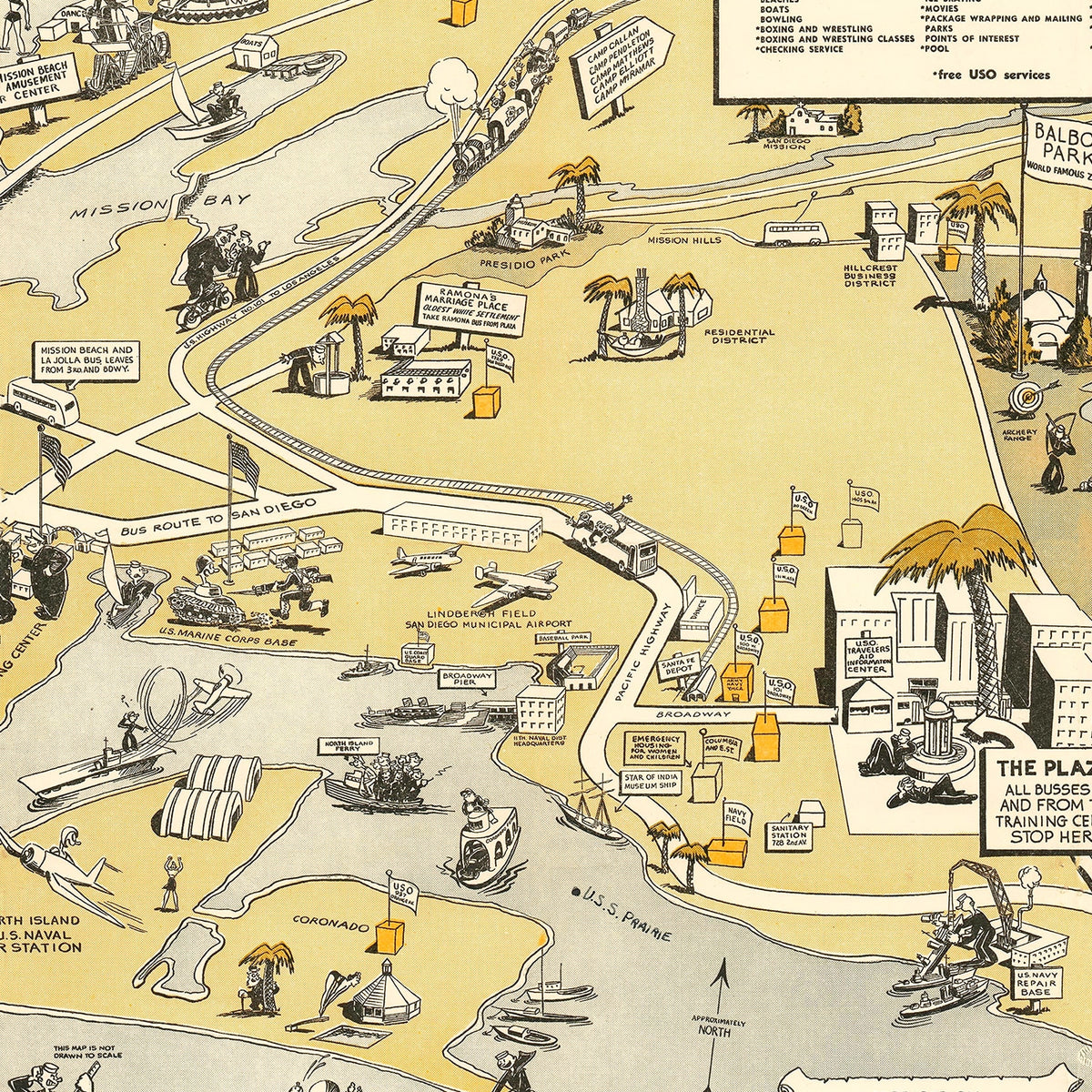 Restored historic details from the 1943 city map of San Diego, California