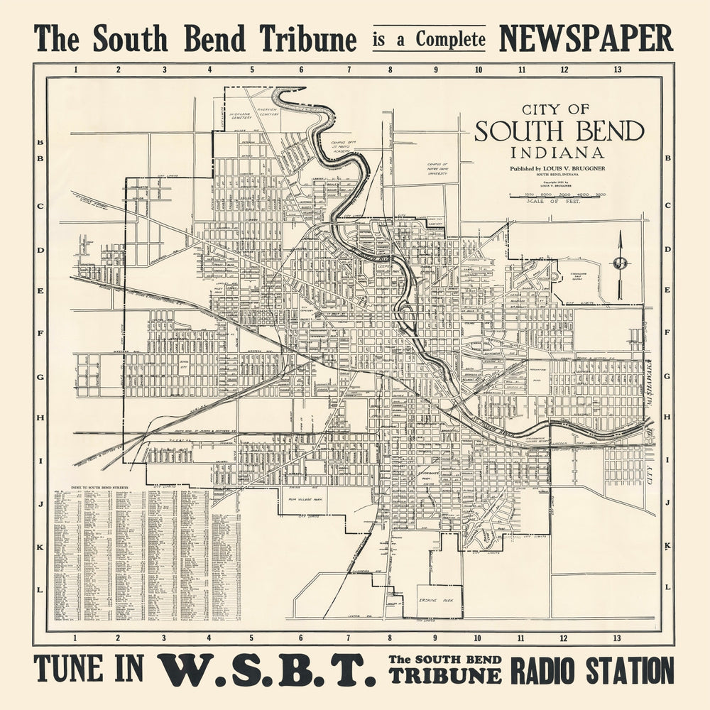 Vintage Map of South Bend, Indiana 1931 print style example