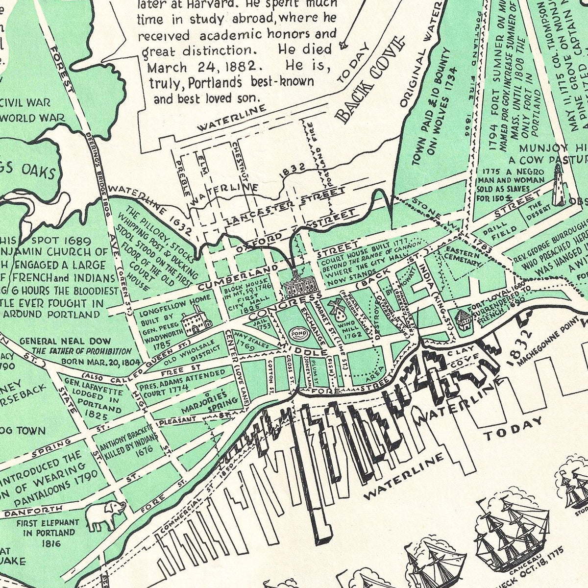 Restored historic details from the 1932 city map of Portland, Maine
