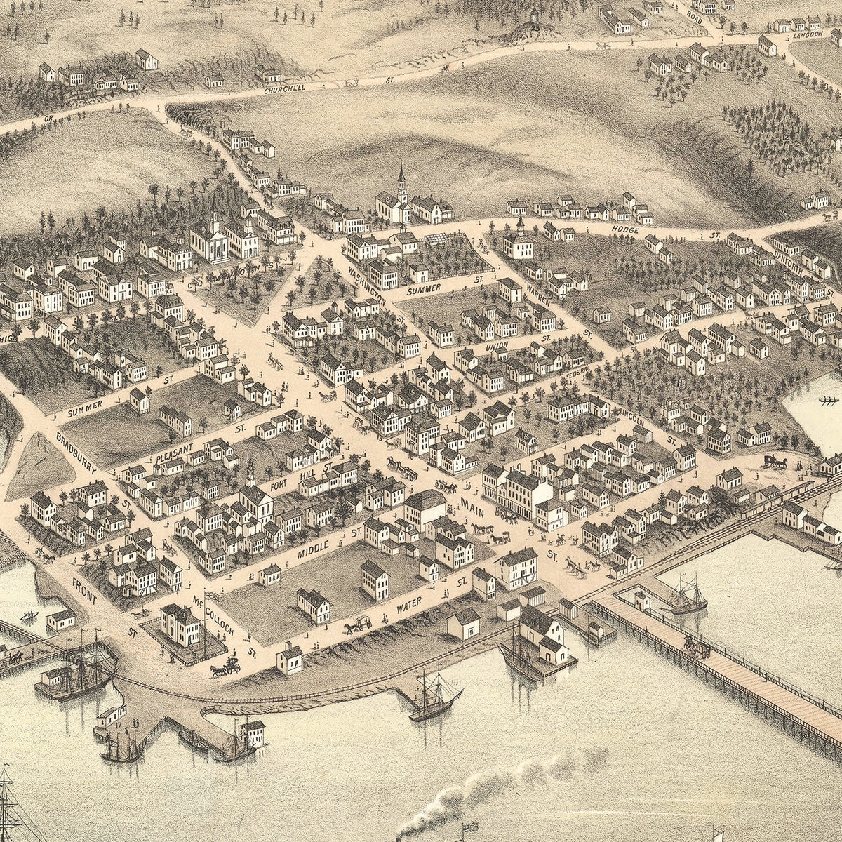 Restored historic details from the 1878 city map of Wicasset, Maine