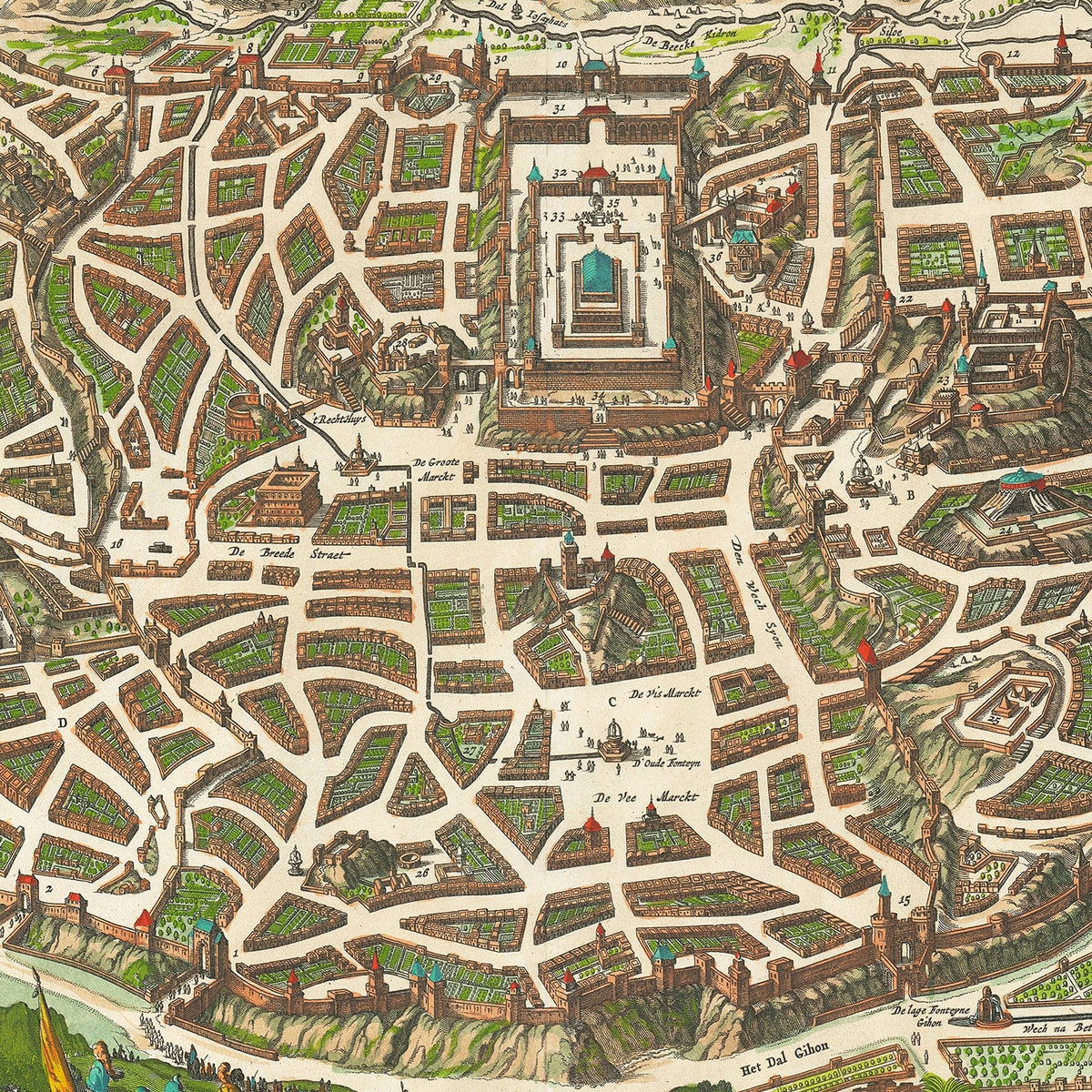 Restored historic details from the 1645 city map of Jerusalem