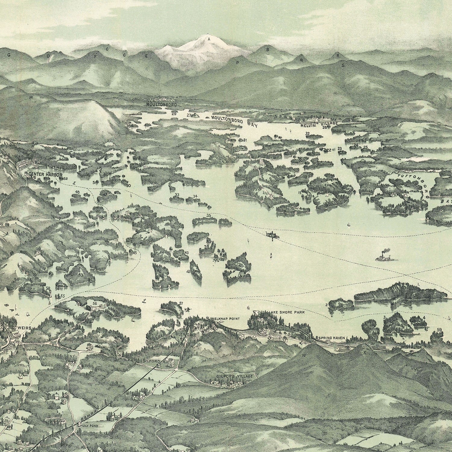 Restored historic details from the 1909 body of water map of Lake Winnipesaukee, New Hampshire