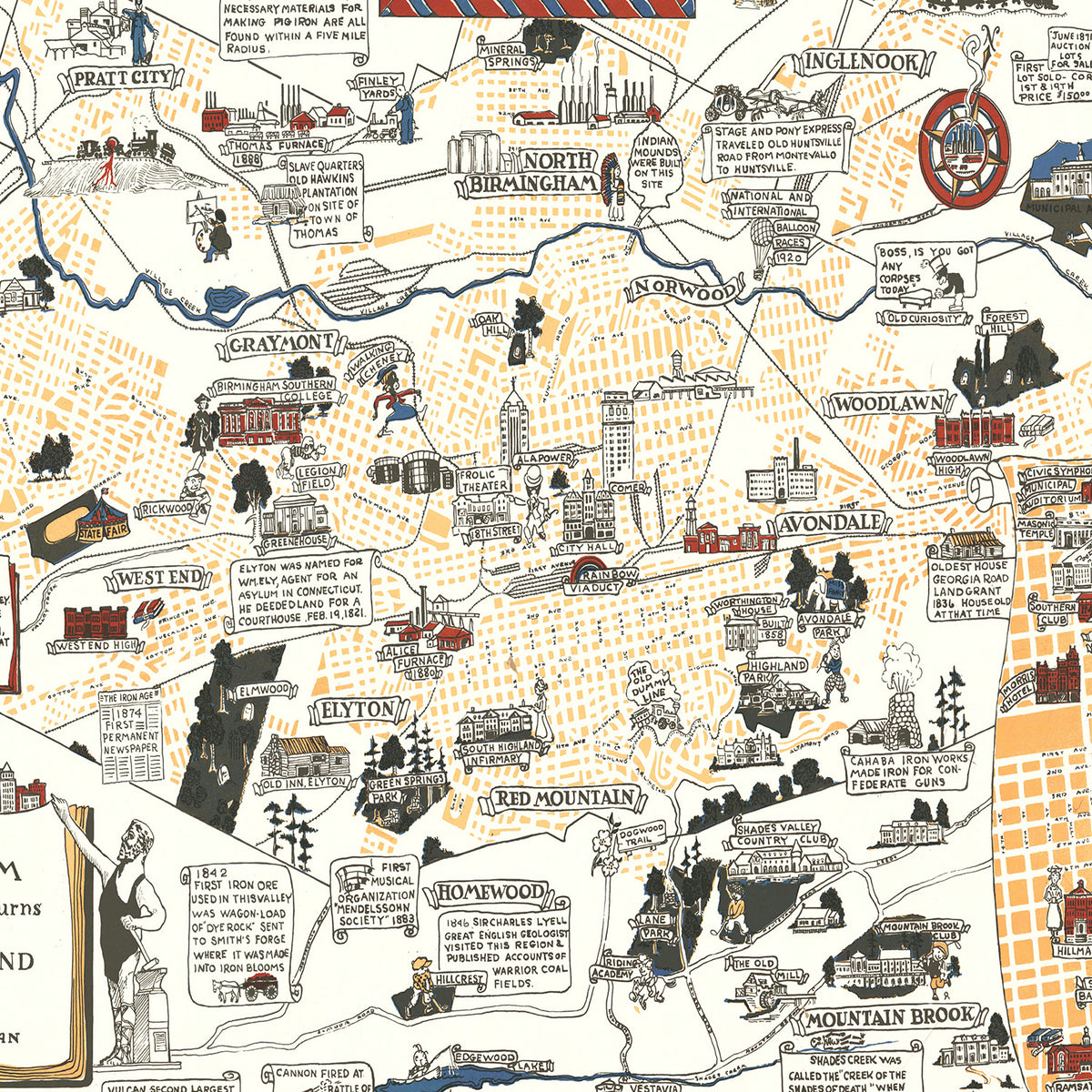Restored historic details from the 1938 city map of Birmingham, Alabama