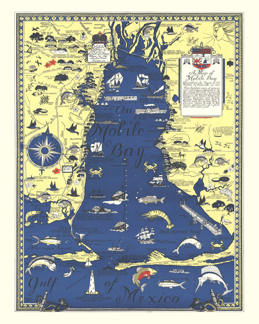 Vintage Map of Mobile Bay, 1950 print style example