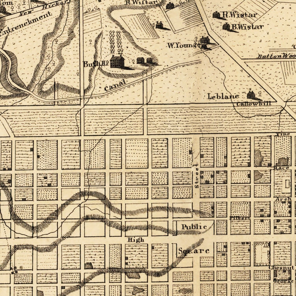 Restored historic details from the 1875 city map of Philadelphia, Pennsylvania