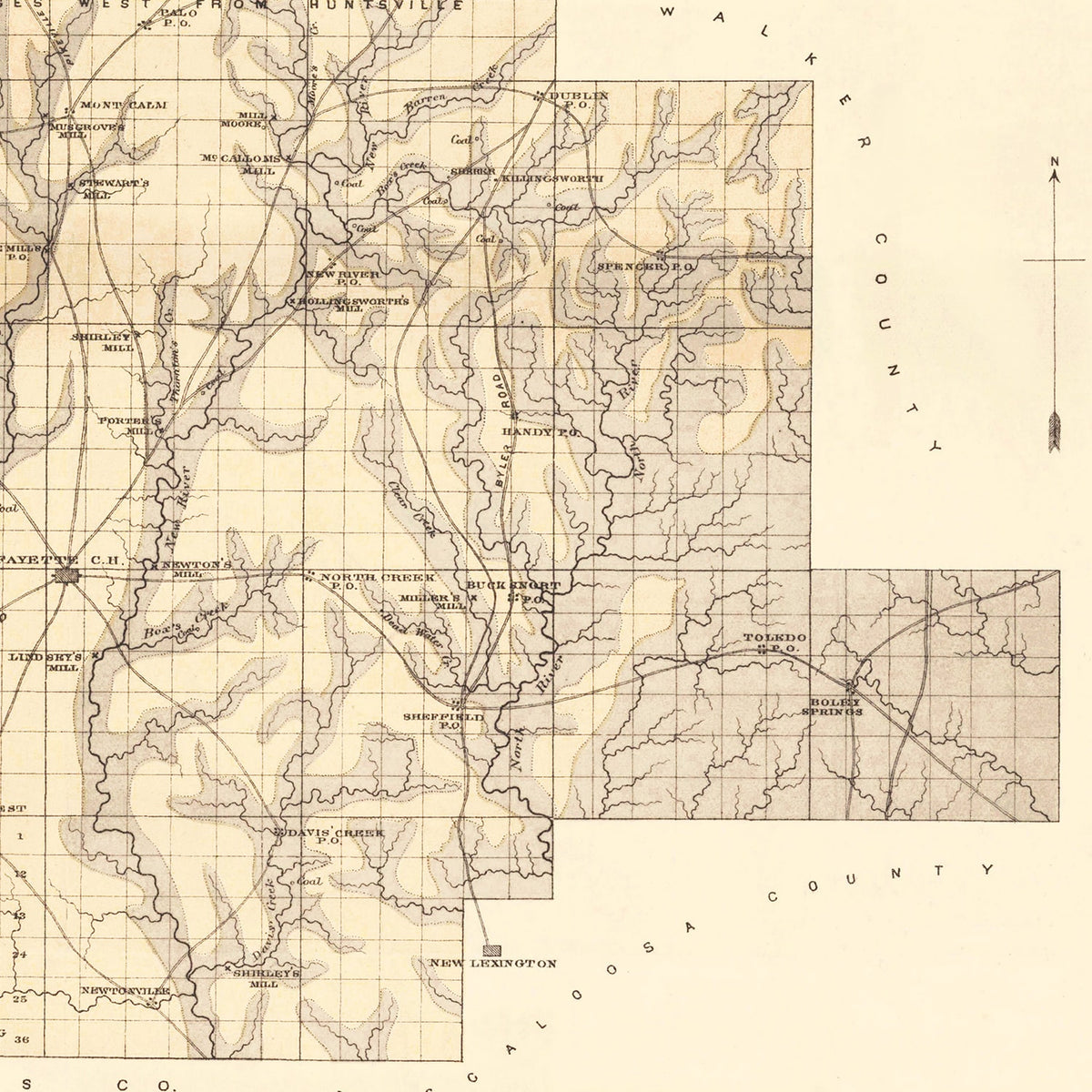 Restored historic details from the 1878 county map of Fayette County, Alabama
