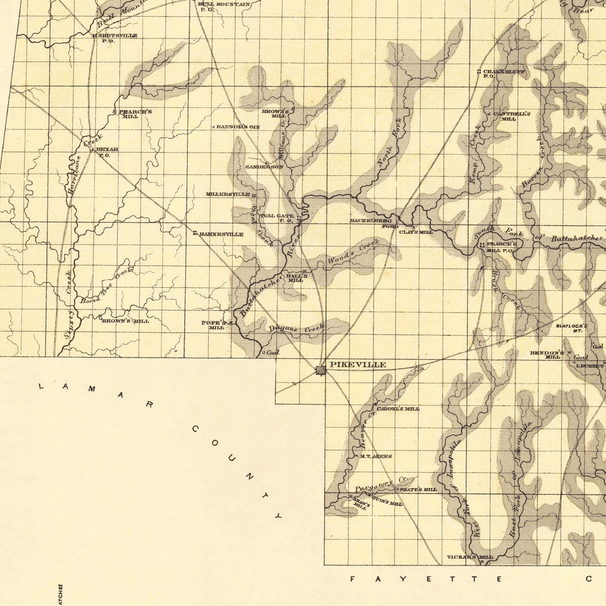 Restored historic details from the 1878 county map of Marion County, Alabama