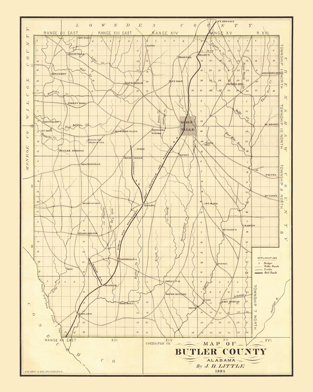 Vintage Map of Butler County, Alabama 1884 print style example