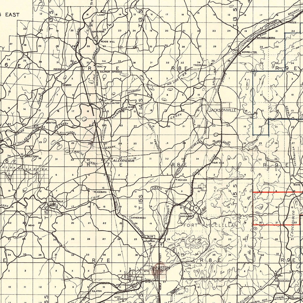 Restored historic details from the 1930 county map of Calhoun County, Alabama