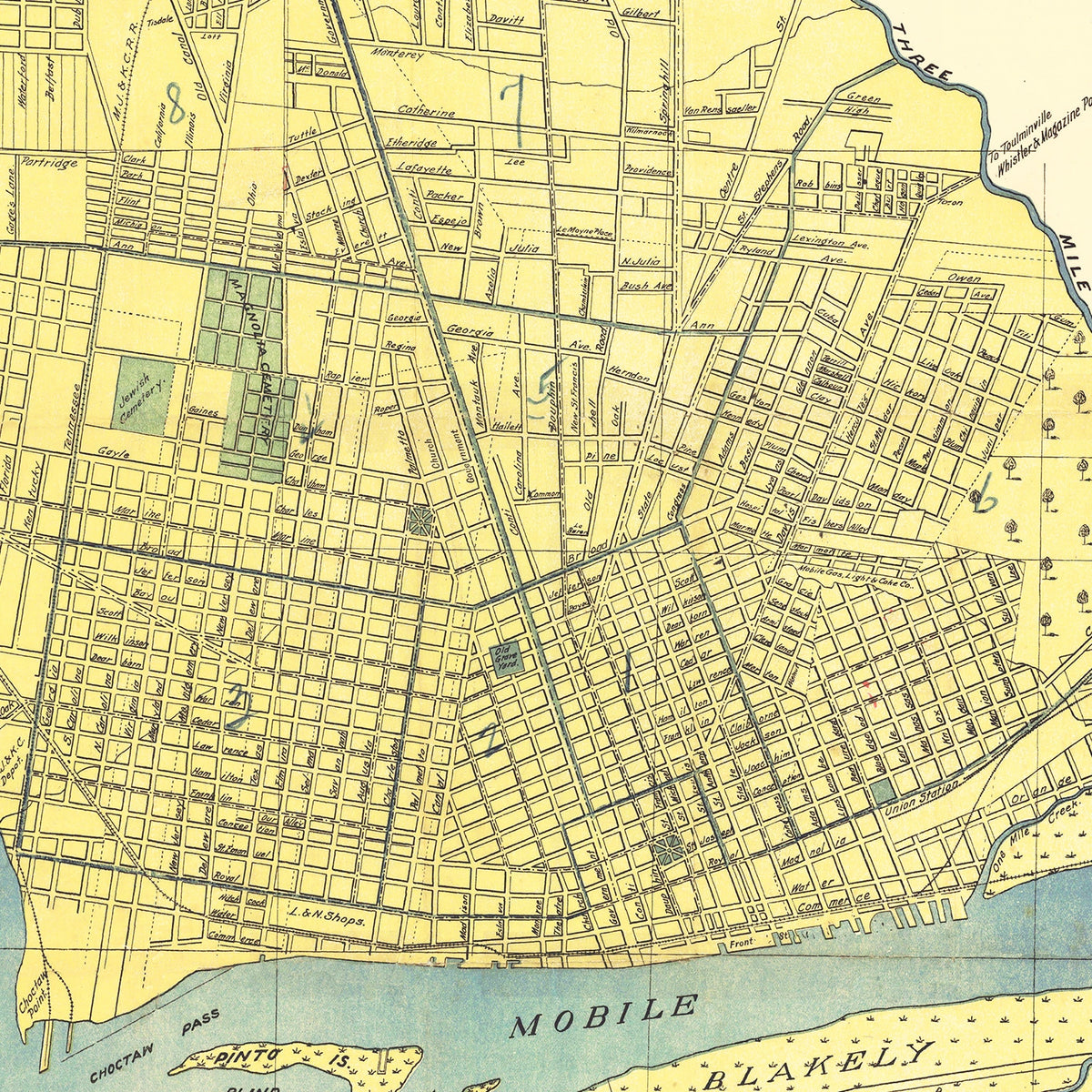 Restored historic details from the 1907 city map of Mobile, Alabama