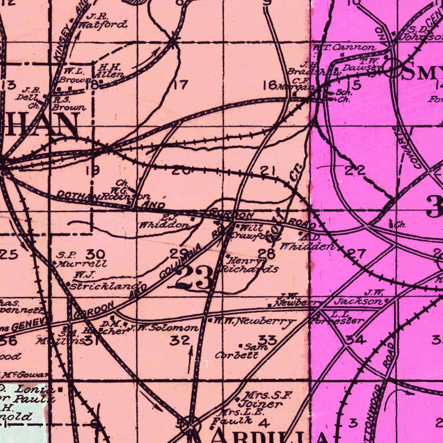 Restored historic details from the 1907 county map of Houston County, Alabama