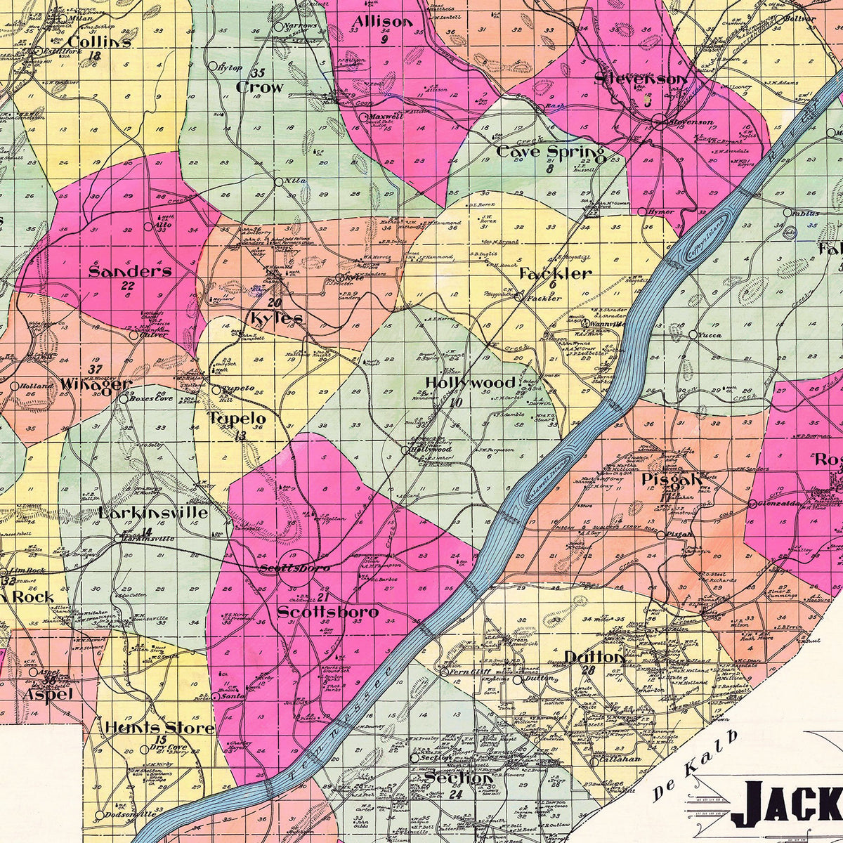 Restored historic details from the 1907 county map of Jackson County, Alabama