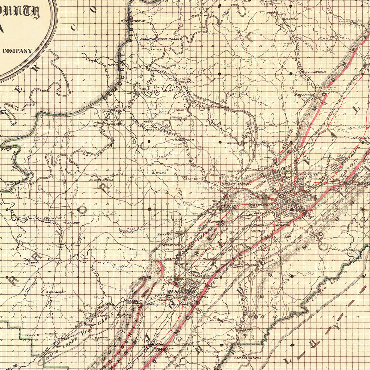 Restored historic details from the 1892 county map of Jefferson County, Alabama