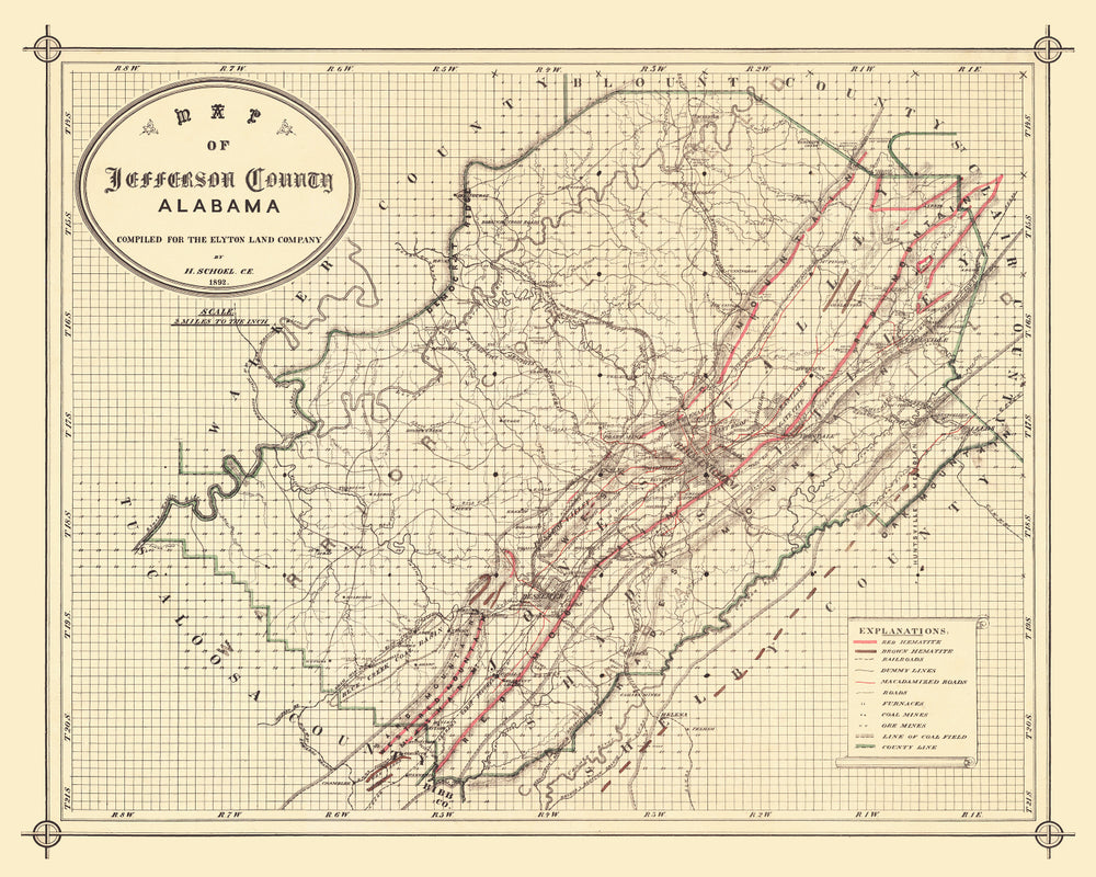 Vintage Map of Jefferson County, Alabama 1892 print style example