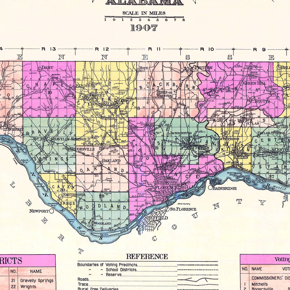Restored historic details from the 1907 county map of Lauderdale County, Alabama
