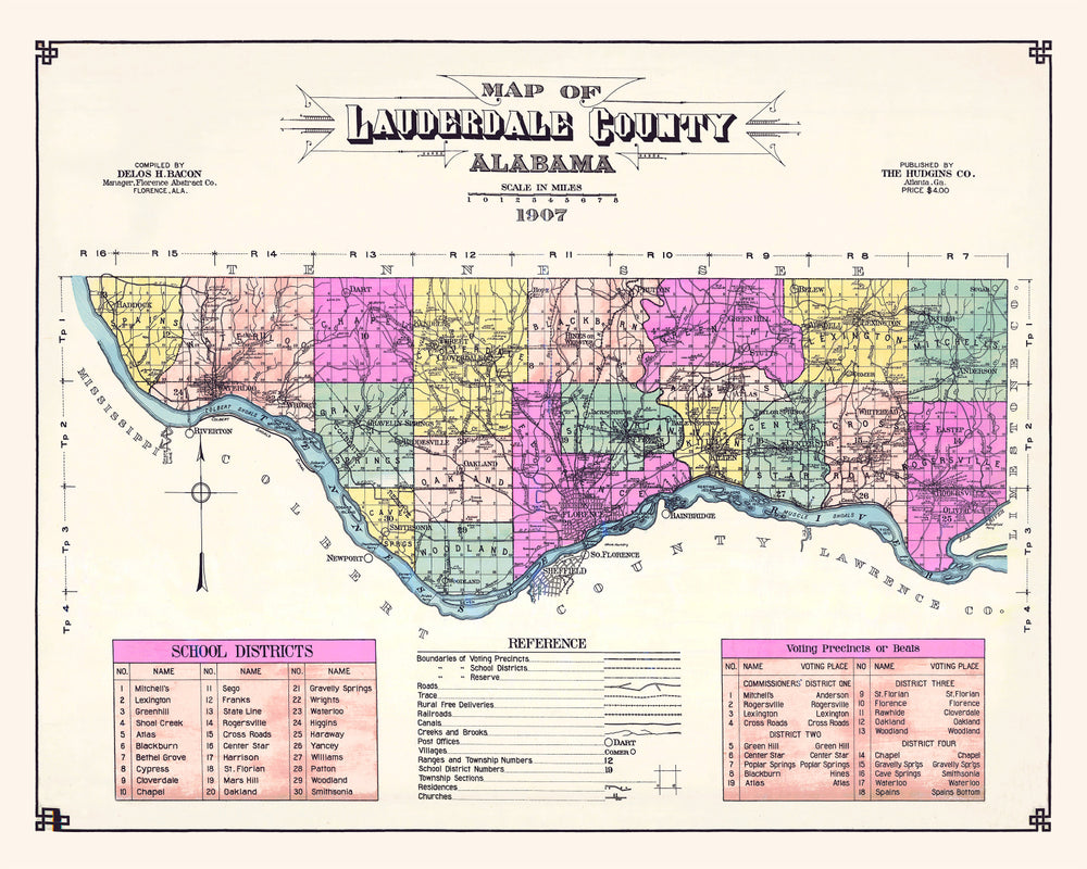 Vintage Map of Lauderdale County, Alabama 1907 print style example