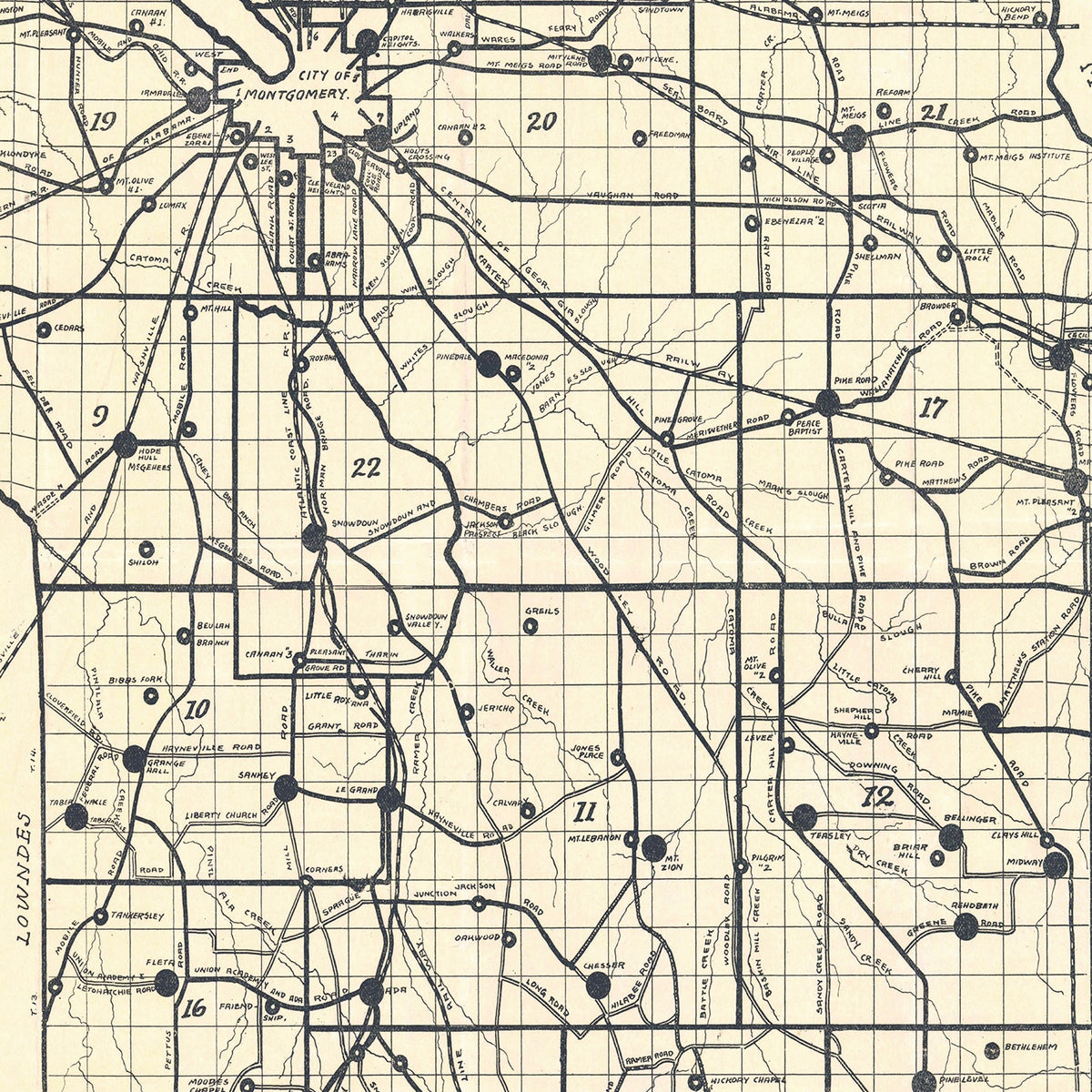 Restored historic details from the 1918 county map of Montgomery County, Alabama