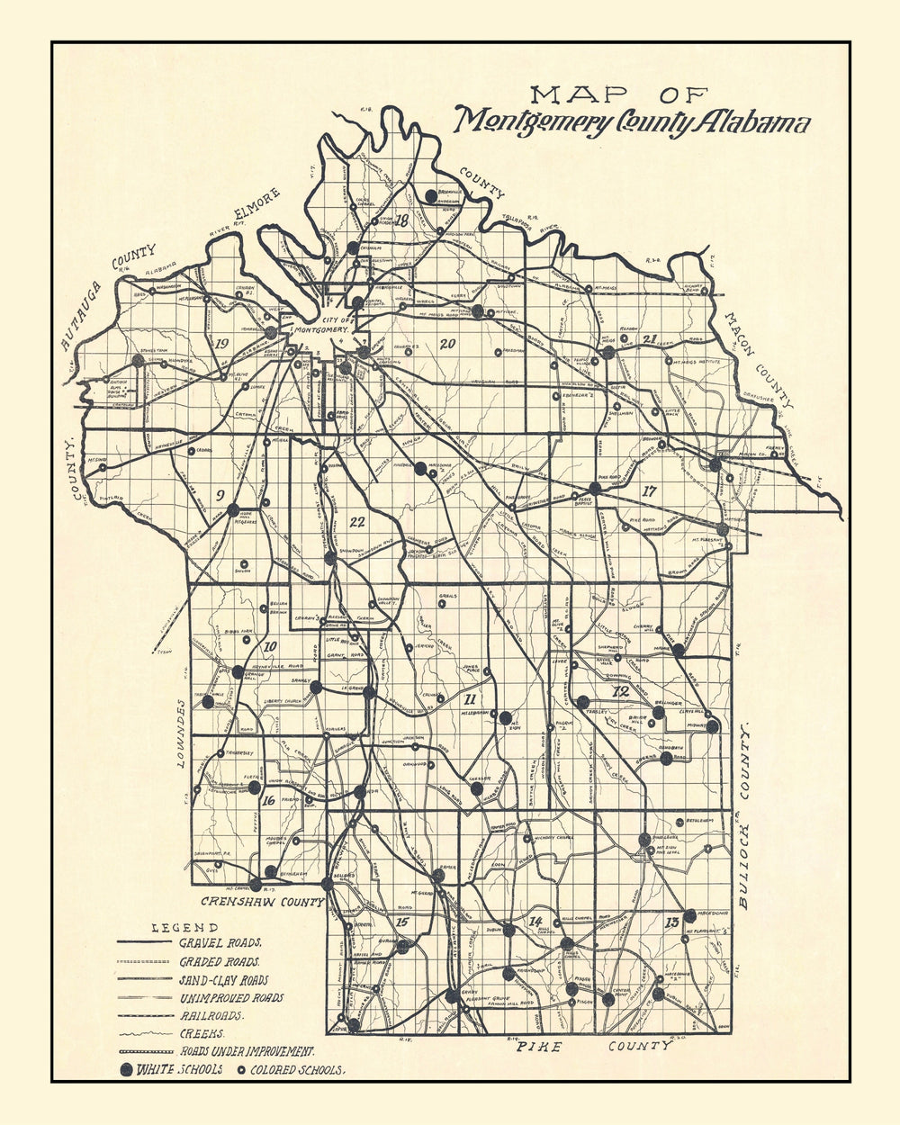 Vintage Map of Montgomery County, Alabama 1918 print style example