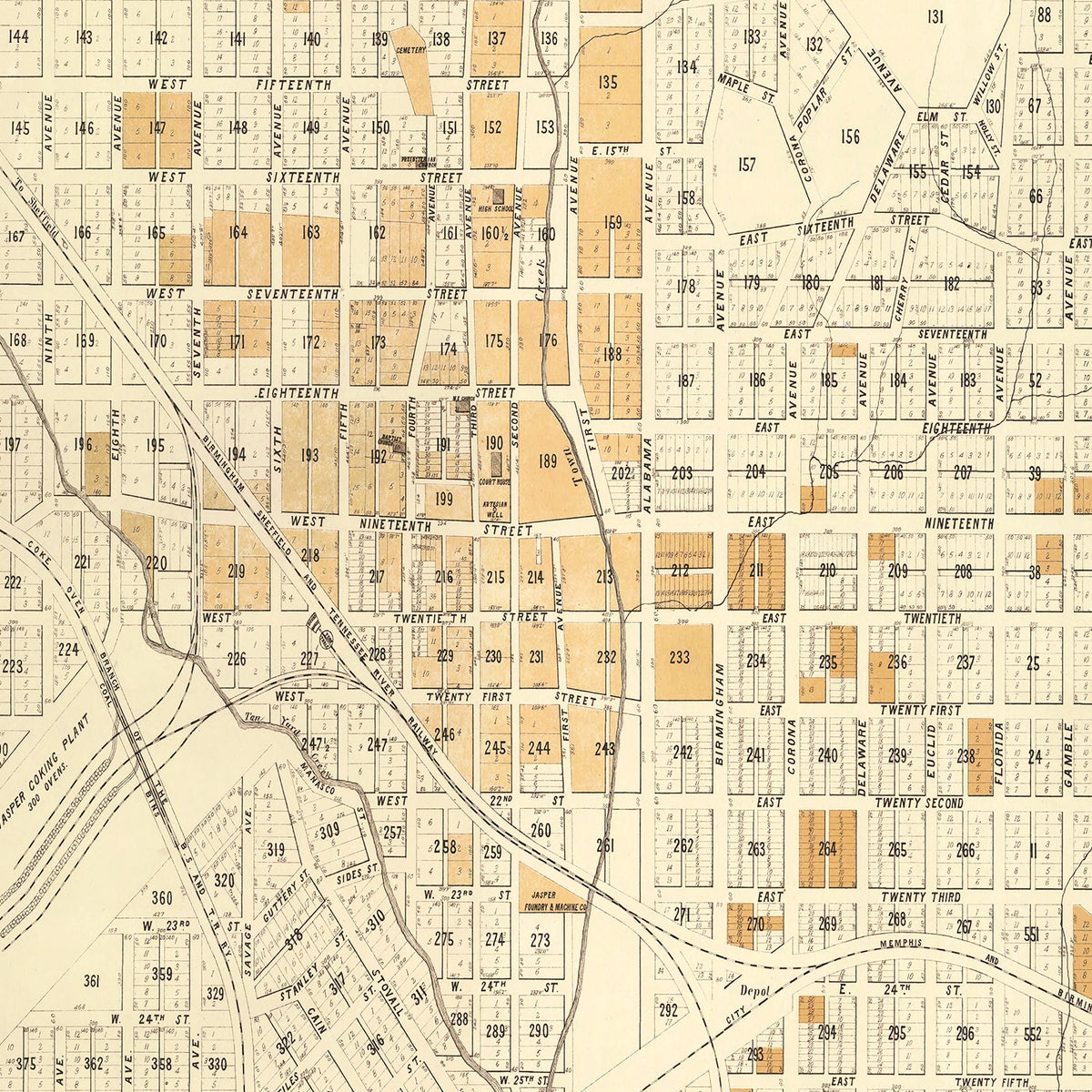 Restored historic details from the 1891 city map of Jasper, Alabama