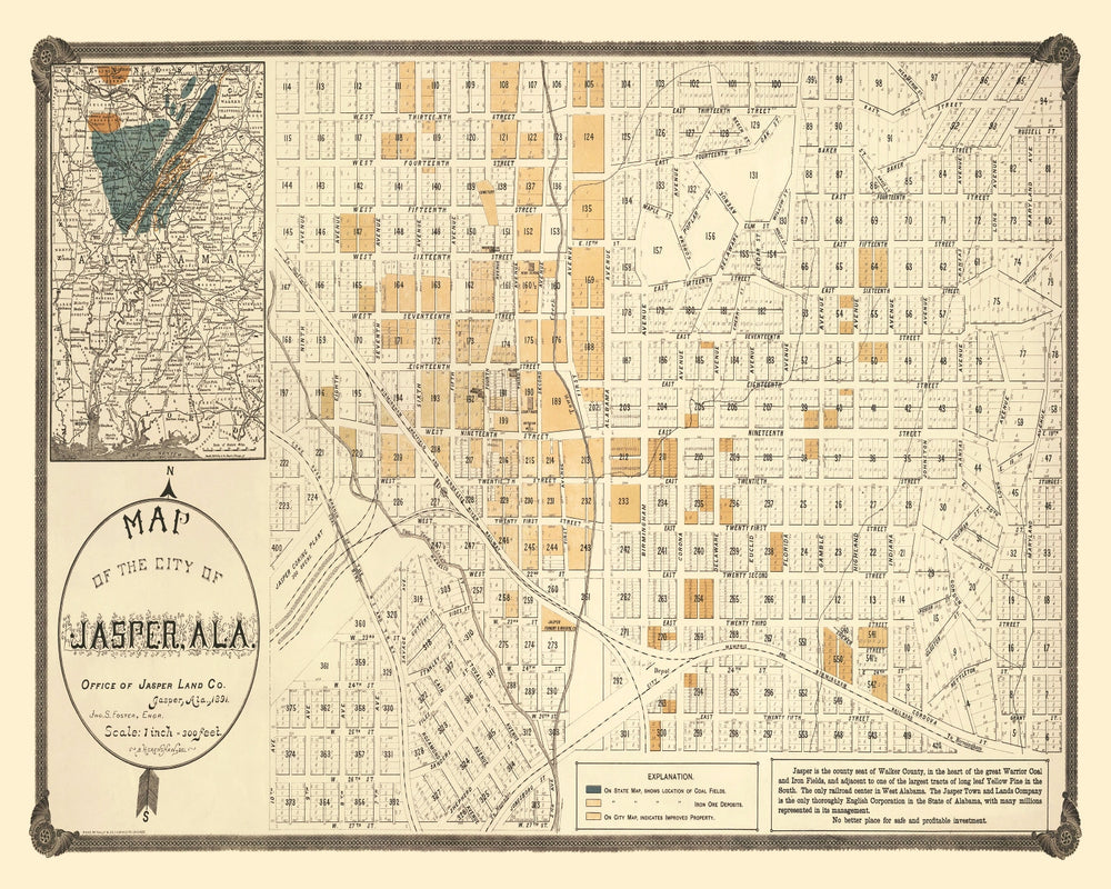 Vintage Map of Jasper, Alabama 1891 print style example