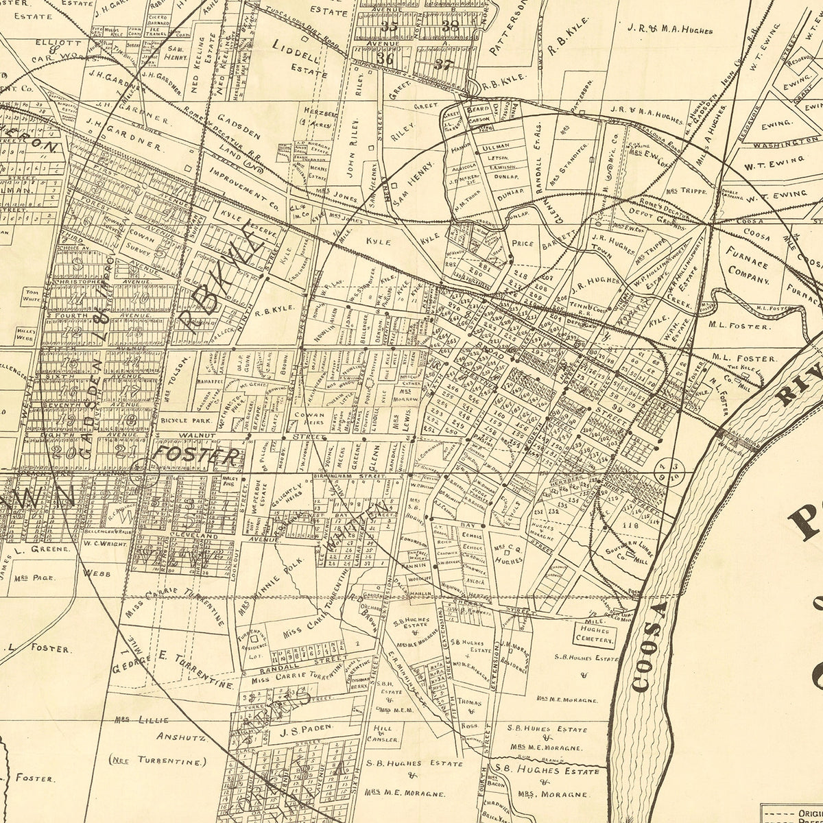 Restored historic details from the 1888 city map of Gadsden, Alabama