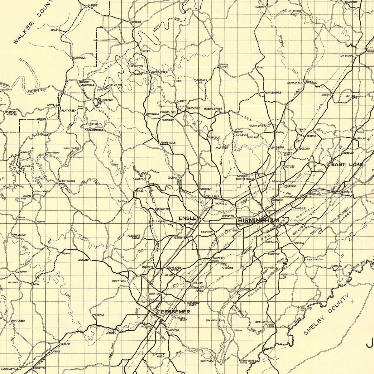 Restored historic details from the 1916 county map of Jefferson County, Alabama