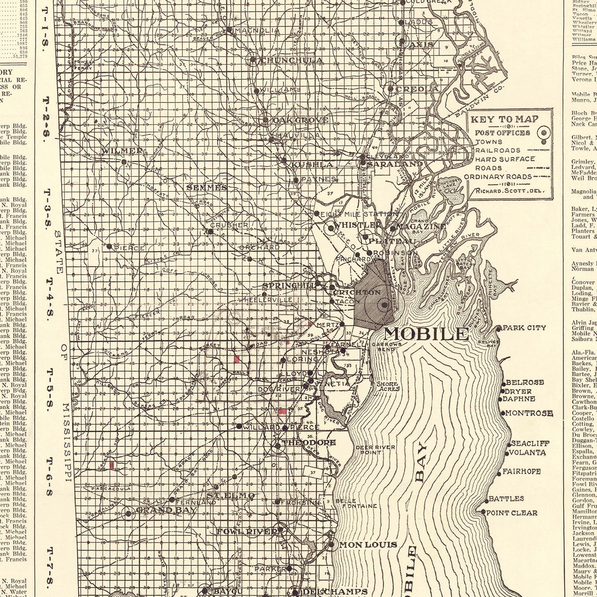 Restored historic details from the 1915 county map of Mobile County, Alabama