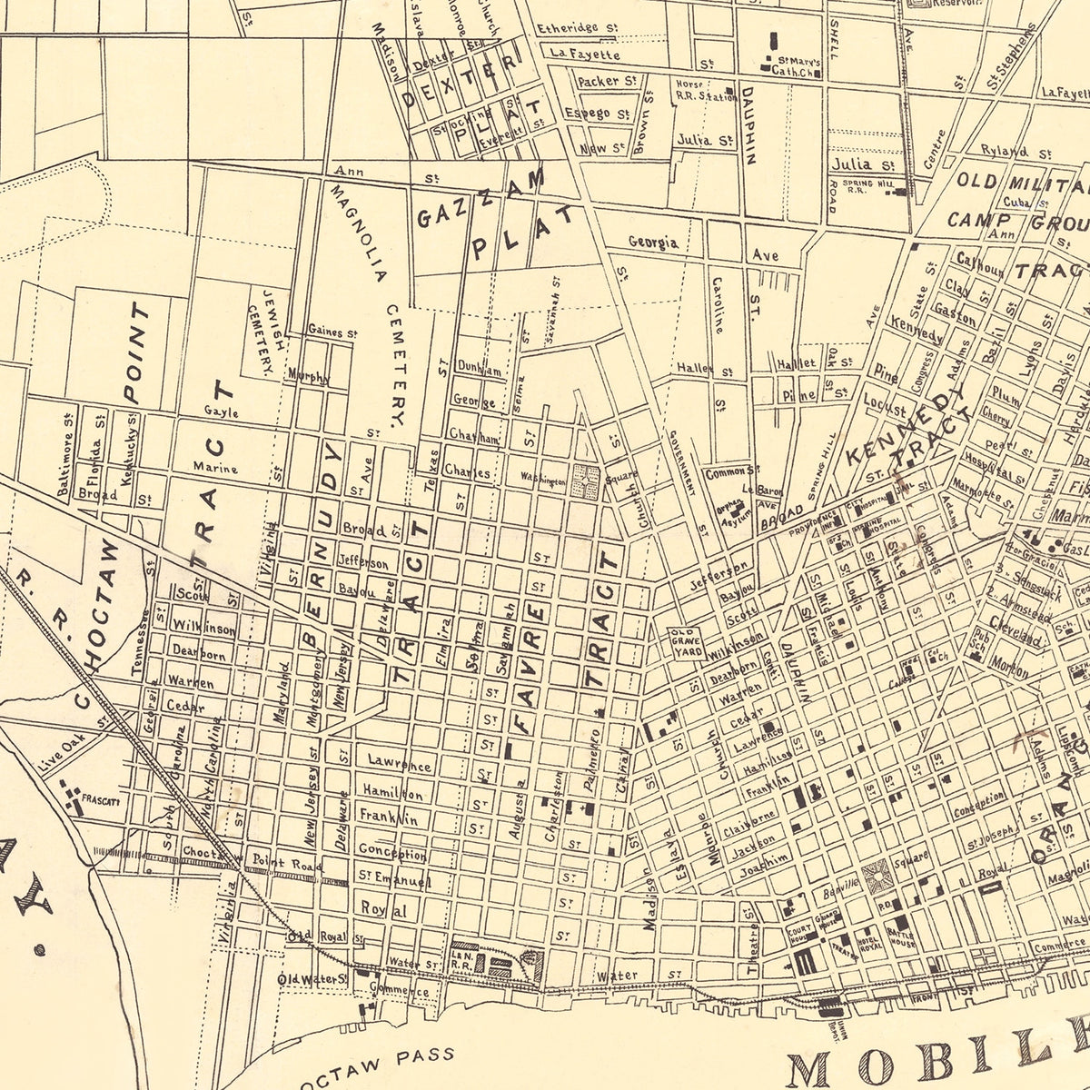 Restored historic details from the 1888 city map of Mobile, Alabama