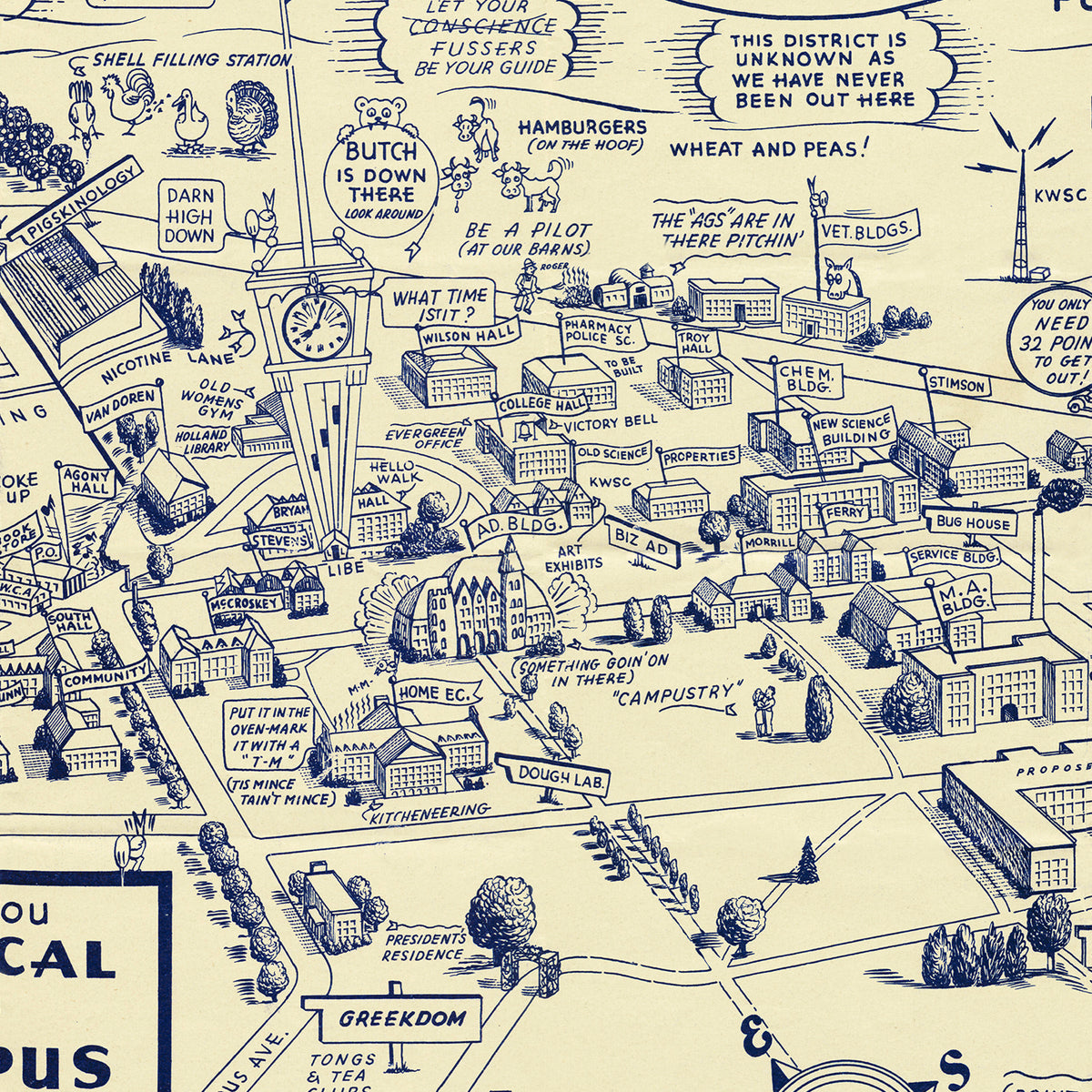 Restored historic details from the 1946 university map of Pullman, Washington