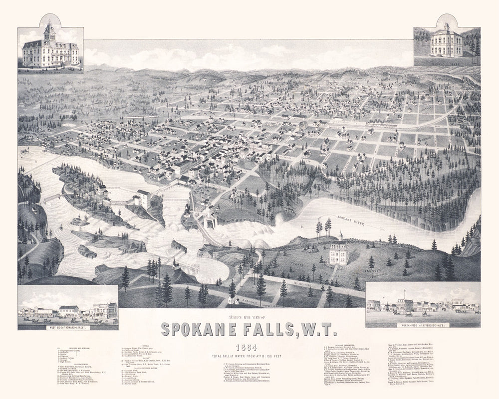 Vintage Map of Spokane Falls, Washington 1884 print style example