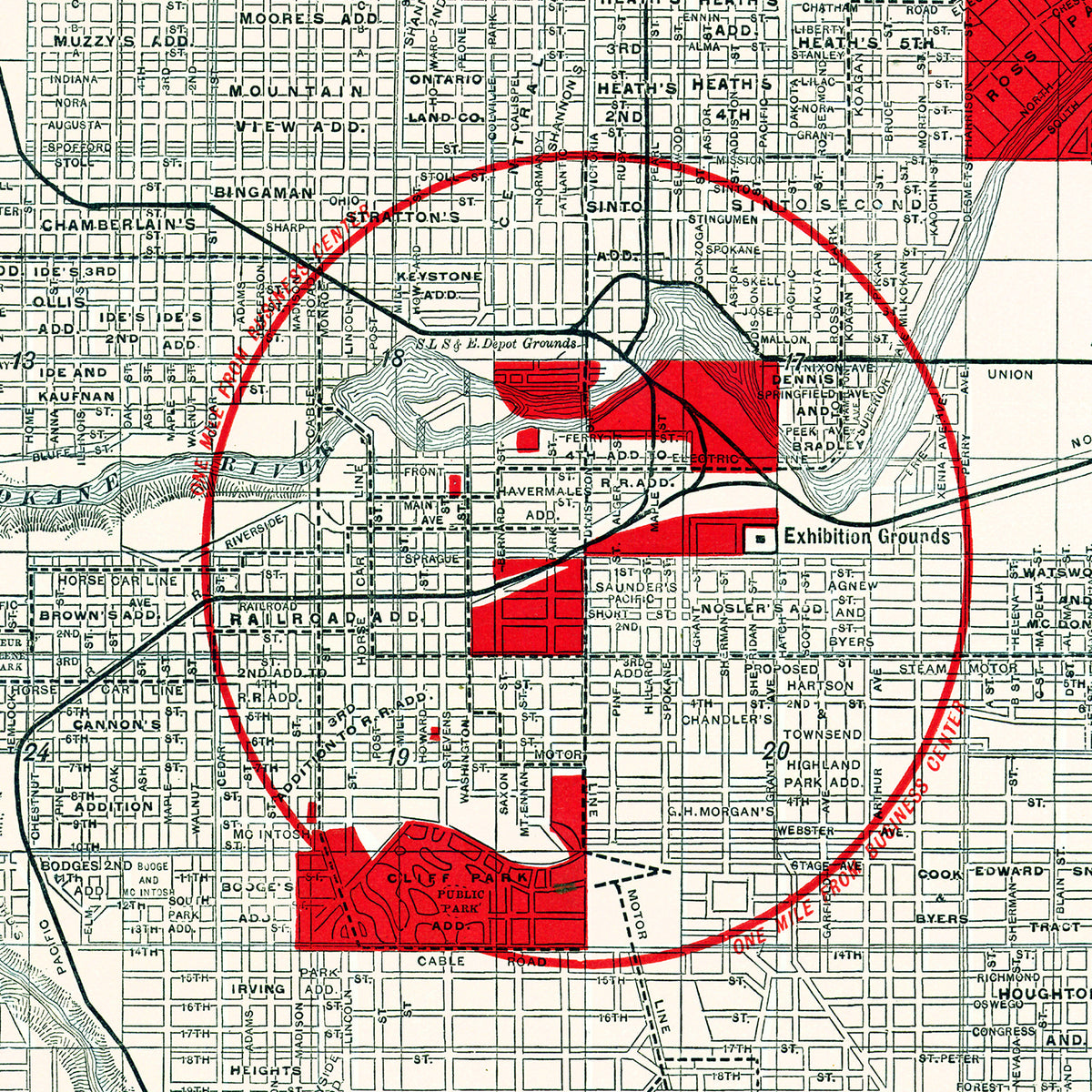 Restored historic details from the 1890 city map of Spokane Falls, Washington