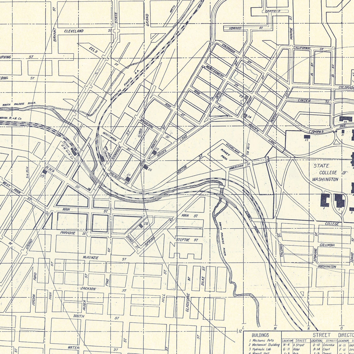 Restored historic details from the 1920 university map of Pullman, Washington