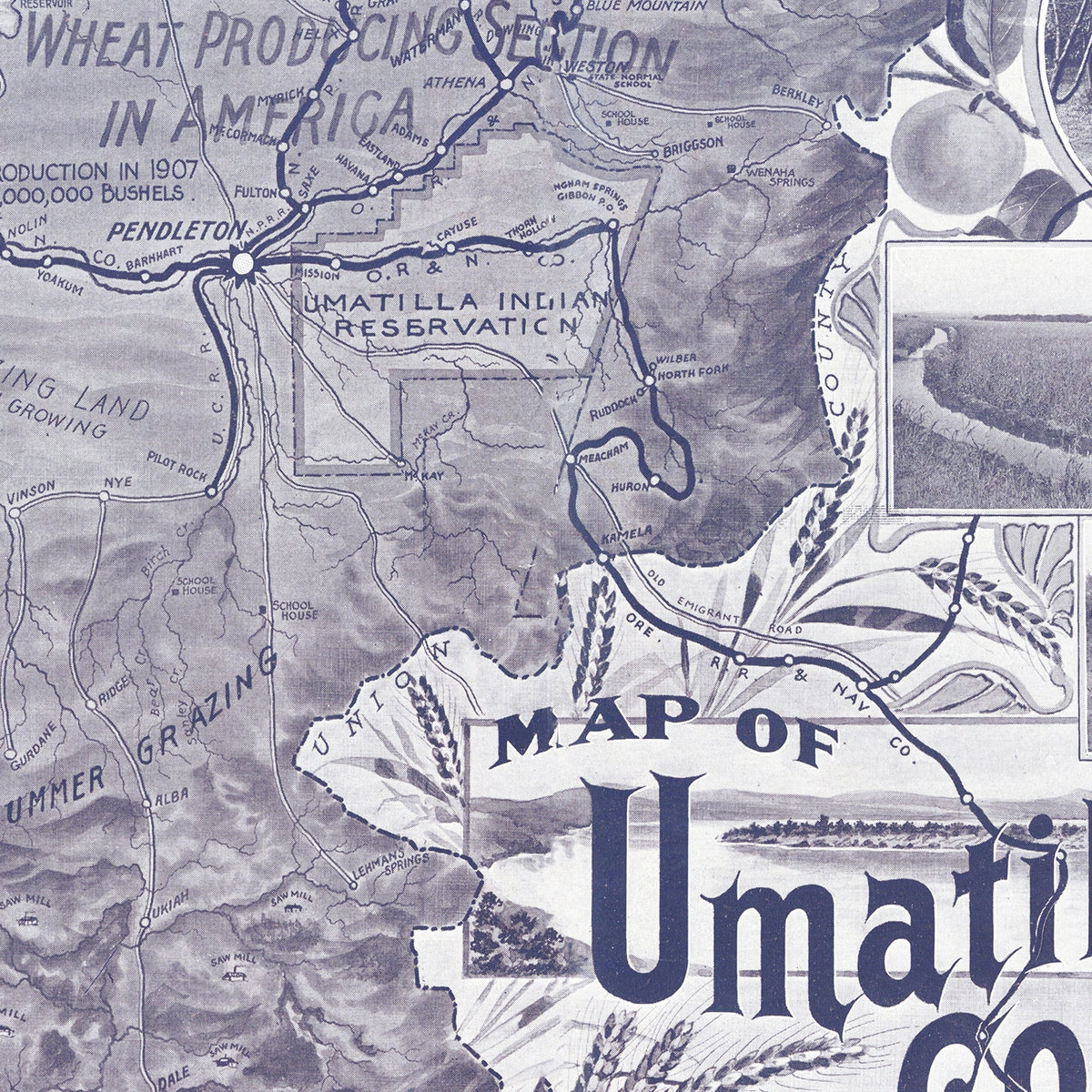 Restored historic details from the 1908 county map of Umatilla County, Washington