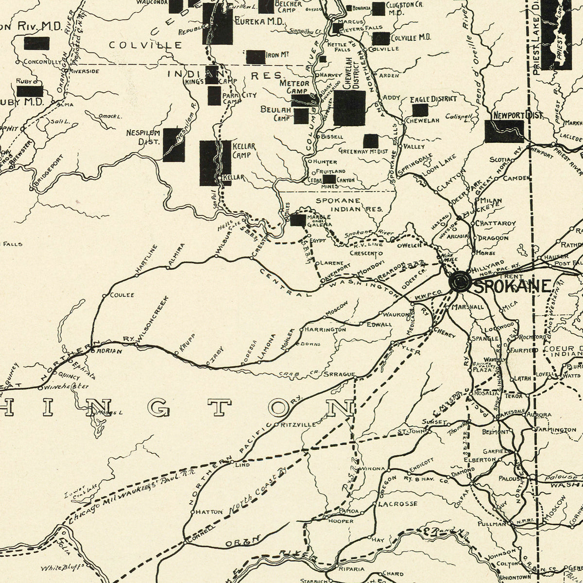 Restored historic details from the 1909 region map of County, Washington