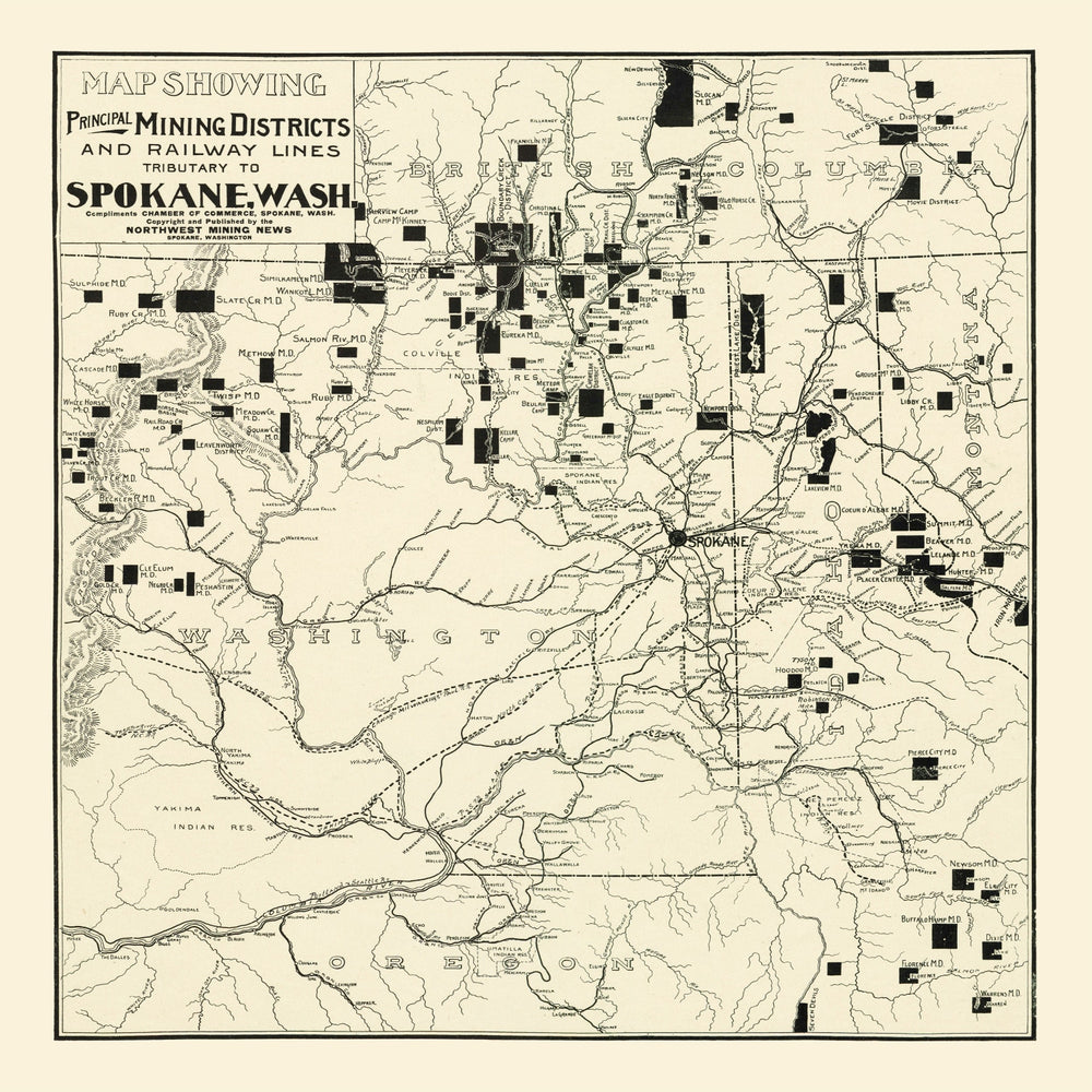 Vintage Map of Spokane Mining Districts, 1909 print style example